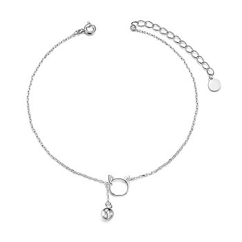 SHEGRACE 925 Sterling Silver Kitten Charm Anklet, Cat Head and Small Bell, Platinum, 7-7/8 inch(20cm)