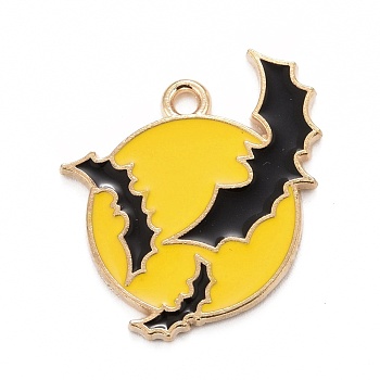 Halloween Alloy Enamel Pandants, Light Gold, Flat Round with Bat, Gold, 24x21.5x1.5mm, Hole: 1.8mm