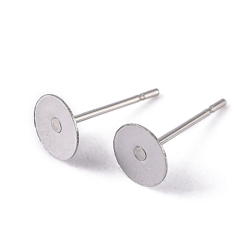 Non-Tarnish 304 Stainless Steel Flat Round Blank Peg Stud Earring Findings, Earring Cabochon Setting Post Cup, Stainless Steel Color, 12x6mm, Pin: 0.7mm