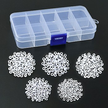 500Pcs 5 Styles Opaque Acrylic Beads, Cube/Flat Round/Heart, White, 6~7x3.5~6mm, Hole: 1.2~3.2mm, 100pcs/style