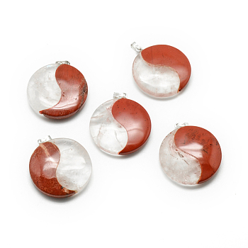 Crystal and Red Jasper Pendants, with Platinum Tone Alloy Findings, 33.5x30.5x7mm, Hole: 2.5x5.5mm