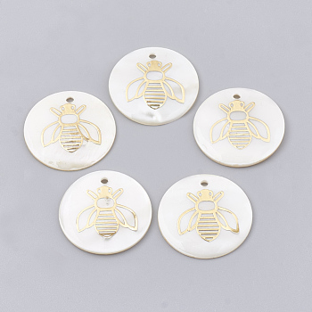 Freshwater Shell Pendants, with Brass Findings, Flat Round with Bee, Golden, 22.5~23x1.5~2mm, Hole: 1.5mm