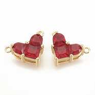Brass Cubic Zirconia Charms, Nickel Free, Real 18K Gold Plated, Heart, Red, 9.5x12x4.5mm, Hole: 1mm(KK-S340-12G-04)