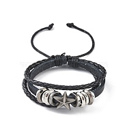 PU Leather & Waxed Cords Triple Layer Multi-strand Bracelets, Braided Adjustable Bracelet Alloy Star, Black, Inner Diameter: 2-3/8~3-1/8 inch(5.9~8cm)(BJEW-G709-01B)