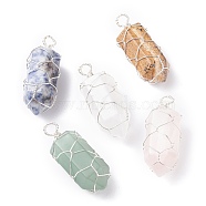 Natural Gemstone Pointed Pendants, with Copper Wire Wrapped, Bullet, Silver, 44.5x18x17mm, Hole: 5mm(PALLOY-JF01301)