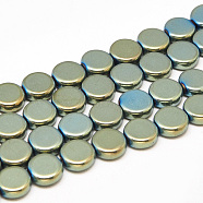 Electroplate Non-magnetic Synthetic Hematite Beads Strands, Flat Round, Green Plated, 8x3mm, Hole: 0.5mm, about 56pcs/strand, 16.1 inch(G-T060-8mm-01C)