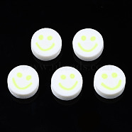 Handmade Polymer Clay Beads, for DIY Jewelry Crafts Supplies, Flat Round with Smiling Face, Green Yellow, 10x4~4.5mm, Hole: 1.8mm(CLAY-N008-040M)