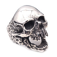 Titanium Steel Finger Rings, Skull, Antique Silver, US Size 9(18.9mm)(PW-WG32864-03)