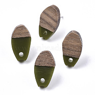 Opaque Resin & Walnut Wood Stud Earring Findings, with 304 Stainless Steel Pin, Oval, Olive, 16x9mm, Hole: 1.8mm, Pin: 0.7mm(MAK-N032-010A-B02)