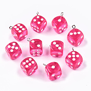 Transparent Epoxy Resin Pendants, with Platinum Plated Iron Loop, Dice, Hot Pink, 23x19x19mm, Hole: 2mm(X-CRES-N025-12A-A04)