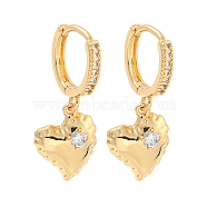Heart Brass Micro Pave Clear Cubic Zirconia Huggie Hoop Dangle Earrings for Women, Real 18K Gold Plated, 25.5x5mm(AJEW-U003-03G)