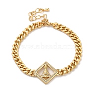 Brass Micro Pave Clear Cubic Zirconia Cuban Link Chains Bracelets, Nossa Senhora Aparecida Link Bracelets for Women, Real 16K Gold Plated, Rhombus, 7 inch(17.8cm), Rhombus: 21.5x21.5x5mm(BJEW-M322-04G-A)