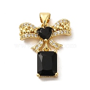Rack Plating Brass Micro Pave Cubic Zirconia Pendants, Cadmium Free & Lead Free, Long-Lasting Plated, Real 18K Gold Plated, Bowknot with Rectangle, Black, 22x19x4.5mm, Hole: 5x3.5mm(KK-P241-19G-01)