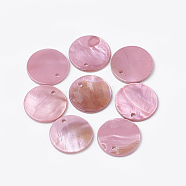 Freshwater Shell Pendants, Dyed, Flat Round, Flamingo, 16x1.5~2mm, Hole: 1.4mm(SHEL-Q020-03C)
