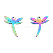 Ion Plating(IP) 201 Stainless Steel Charms, Dragonfly, Rainbow Color, 12.5x11x1mm, Hole: 1.5mm(STAS-N098-129M)
