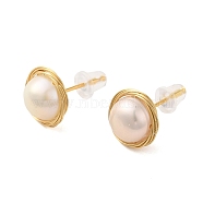 Sterling Silver Studs Earrings, with Natural Pearl,  Jewely for Women, Round, Real 18K Gold Plated, 22x10mm(EJEW-K273-15G)