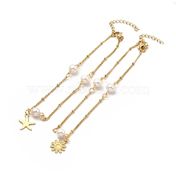 CCB Pearl Link Anklet, Golden 304 Stainless Steel Charms Anklet with Satellite Chains for Women, Mixed Patterns, Pendant: 13~14x10~11.5x0.5mm, 9 inch(22.8cm)(AJEW-C021-04G)
