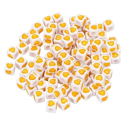 White Opaque Acrylic European Beads, Large Hole Cube Beads, with Heart Pattern, Yellow, 7x7x7mm, Hole: 4mm, 100pcs/bag(OPDL-FS0001-01)