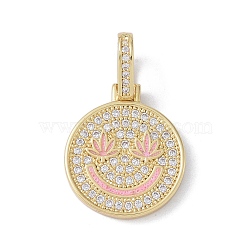 Brass Micro Pave Cubic Zirconia Pendants, Enamel Style, Cadmium Free & Lead Free, Flat Round with Smiling Face, Golden, Pink, 21x18x2mm, Hole: 7x4mm(ZIRC-NH0001-01G-06)