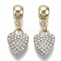 Alloy European Dangle Charms, with Crystal Rhinestone, Large Hole Pendants, Heart, Light Gold, 29mm, Hole: 4.5mm, Heart: 16x11x4mm(MPDL-N039-027)