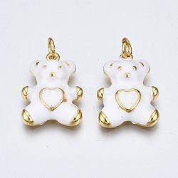 Brass Enamel Pendants, with Jump Rings, Nickel Free, Real 16K Gold Plated, Bear with Heart, White, 18x13.5x3.5mm, Jump Ring: 5x0.8mm, 3mm inner diameter(KK-Q252-017F-NF)
