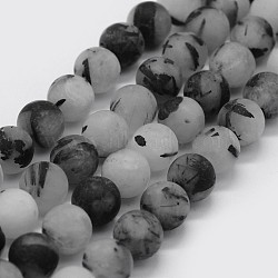 Natural Black Rutilated Quartz Beads Strands, Frosted, Round, 8~8.5mm, Hole: 1mm, about 47pcs/strand, 15.3 inch(39cm)(G-F570-02-8mm)