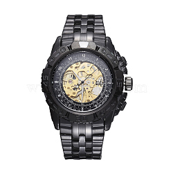 Alloy Watch Head Mechanical Watches, with Stainless Steel Watch Band, Gunmetal & Golden, Black, 70x22mm, Watch Head: 55x52x17.5mm, Watch Face: 34mm(WACH-L044-01B-GB)