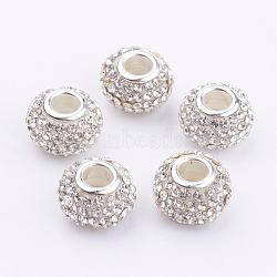 Grade A Rhinestone Big Hole European Beads for Charm Bracelets, Resin, with Silver Color Plated Brass Core, Rondelle, Clear, Size: about 15mm in diameter, 10mm thick, hole: 5mm(X-CPDL-H001-7)