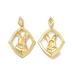 Rack Plating Eco-Friendly Brass Micro Pave Cubic Zirconia Pendants, Long-Lasting Plated, Lead Free & Cadmium Free, Rhombus with Rabbit Charm, Real 18K Gold Plated, 29x23x5.5mm, Hole: 7x2mm(KK-A177-10G)
