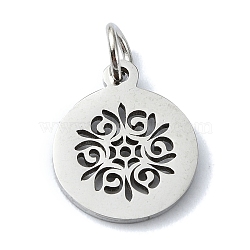 Non-Tarnish 304 Stainless Steel Charms, with Jump Ring, Laser Cut, Flat Round with Flower Charms, Stainless Steel Color, 14x12x1mm, Hole: 3mm(STAS-C097-46P-02)