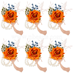 Cloth Flower & Foam Wrist Corsage with Plastic Pearl, Hand Flower for Bride or Bridesmaid, Wedding, Party Decorations, Dark Orange, Inner Diameter: 1-7/8 inch(4.7cm)(BJEW-WH0022-33A)