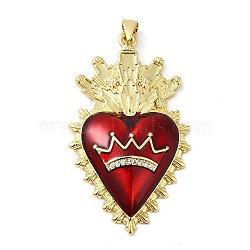 Rack Plating Brass Micro Pave Cubic Zirconia with Epoxy Resin Pendants, Cadmium Free & Lead Free, Real 18K Gold Plated, Long-Lasting Plated, Heart, Red, 44.5x26x6mm, Hole: 4x3.5mm(KK-P241-37G)