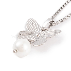 Butterfly Rack Plating Brass ABS Pearl Pendant Necklaces, Wheat Necklaces, Cadmium Free & Lead Free, Long-Lasting Plated, Platinum, 17.60 inch(44.7cm)(NJEW-S423-03P)