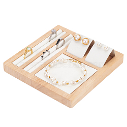 Square Wooden Jewelry Organizer Display Trays, with PU Leather, Jewelry Storage Holder for Ring & Earring & Bracelet, with 2Pcs Earring Display Cards, White, 15x15x1.7cm, Inner Diameter: 4.7x3.6cm(EDIS-WH0030-21B)