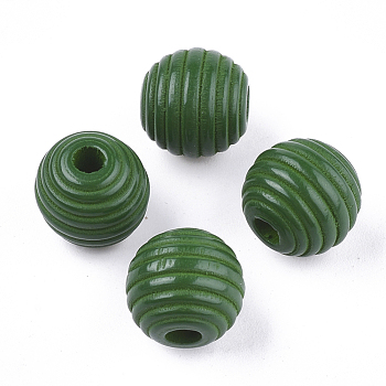Painted Natural Wood Beehive Beads, Round, Green, 12x11mm, Hole: 3mm
