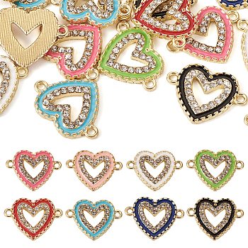 32Pcs 8 Colors Alloy Enamel Connector Charms, with Crystal Rhinestone, Hollow Heart Links, Light Gold, Mixed Color, 16x21x2mm, Hole: 1.6mm, 4pcs/color