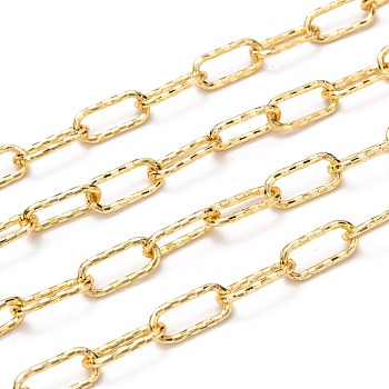 Brass Paperclip Chains, Flat Oval, Drawn Elongated Cable Chains, with Spool, Long-lasting Plated, Soldered, Textured, Golden, 16.5x7.5x1.5mm, about 32.8 Feet(10m)/roll