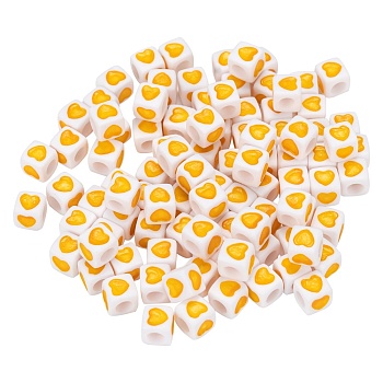 White Opaque Acrylic European Beads, Large Hole Cube Beads, with Heart Pattern, Yellow, 7x7x7mm, Hole: 4mm, 100pcs/bag