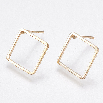 Brass Stud Earring Findings, with Iron Pin, Nickel Free, Rhombus, Light Gold, 12x12mm, Pin: 0.8mm