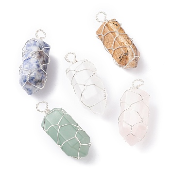 Natural Gemstone Pointed Pendants, with Copper Wire Wrapped, Bullet, Silver, 44.5x18x17mm, Hole: 5mm