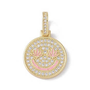 Brass Micro Pave Cubic Zirconia Pendants, Enamel Style, Cadmium Free & Lead Free, Flat Round with Smiling Face, Golden, Pink, 21x18x2mm, Hole: 7x4mm