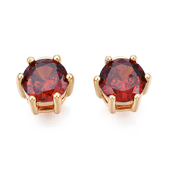 Brass Inlaid Cubic Zirconia Charms, Real 18K Gold Plated, Flat Round, Cadmium Free & Nickel Free & Lead Free, Dark Red, 7.5x7.5x5mm, Hole: 1mm