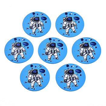 Spray Painted Iron Pendants, Rubberized Style, 3D Printed,  Spaceman Print Pattern, Flat Round, Dodger Blue, 25.5x0.8mm, Hole: 1.2mm