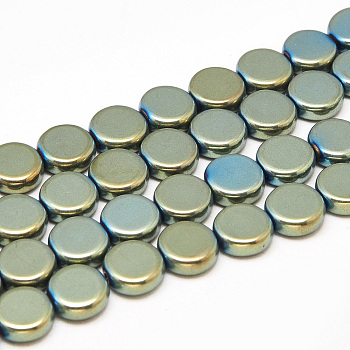 Electroplate Non-magnetic Synthetic Hematite Beads Strands, Flat Round, Green Plated, 8x3mm, Hole: 0.5mm, about 56pcs/strand, 16.1 inch