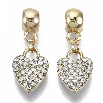 Alloy European Dangle Charms, with Crystal Rhinestone, Large Hole Pendants, Heart, Light Gold, 29mm, Hole: 4.5mm, Heart: 16x11x4mm