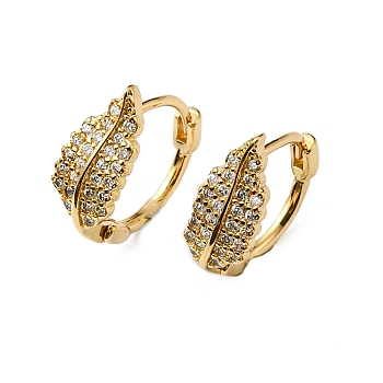 Clear Cubic Zirconia Leaf Hoop Earring, Rack Plating Brass Jewelry, Cadmium Free & Lead Free, Real 18K Gold Plated, 13.5x13x6mm
