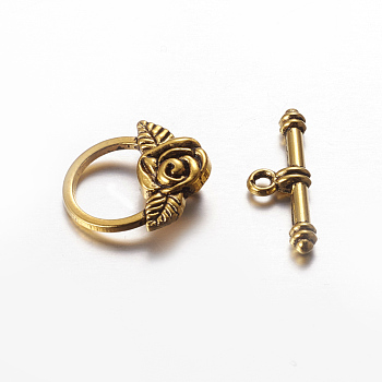Tibetan Style Toggle Clasps, Lead Free and Cadmium Free, Antique Golden, Flower: 18x19mm, Bar: 4x24mm, Hole: 2mm