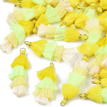 Polycotton(Polyester Cotton) Layered Tassel Big Pendant Decorations, with Iron Findings, Golden, Yellow, 48~55x12~15mm, Hole: 2.5x4.5mm