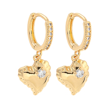 Heart Brass Micro Pave Clear Cubic Zirconia Huggie Hoop Dangle Earrings for Women, Real 18K Gold Plated, 25.5x5mm