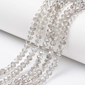 Electroplate Transparent Glass Beads Strands, Half Gray Plated, Faceted, Rondelle, Clear, 6x5mm, Hole: 1mm, about 85~88pcs/strand, 16.1~16.5 inch(41~42cm)